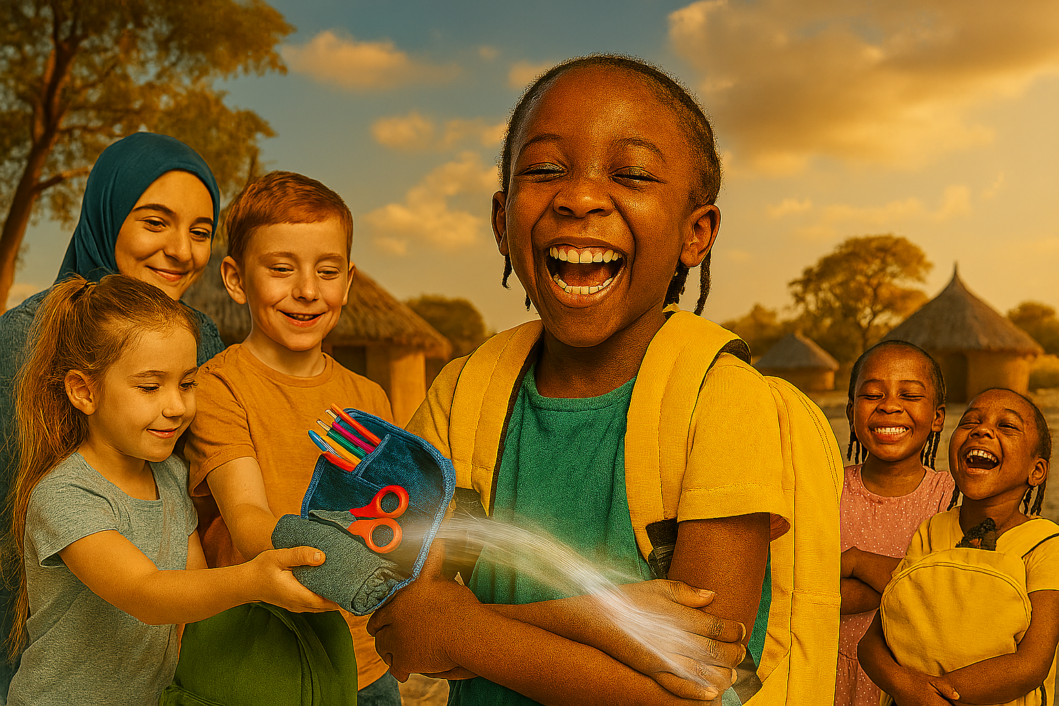 Child smiling proudly with school bag