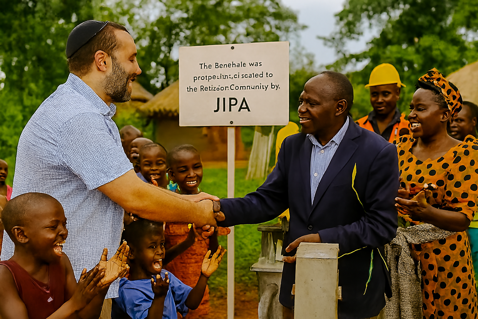 Donor and community leader shaking hands at borehole site