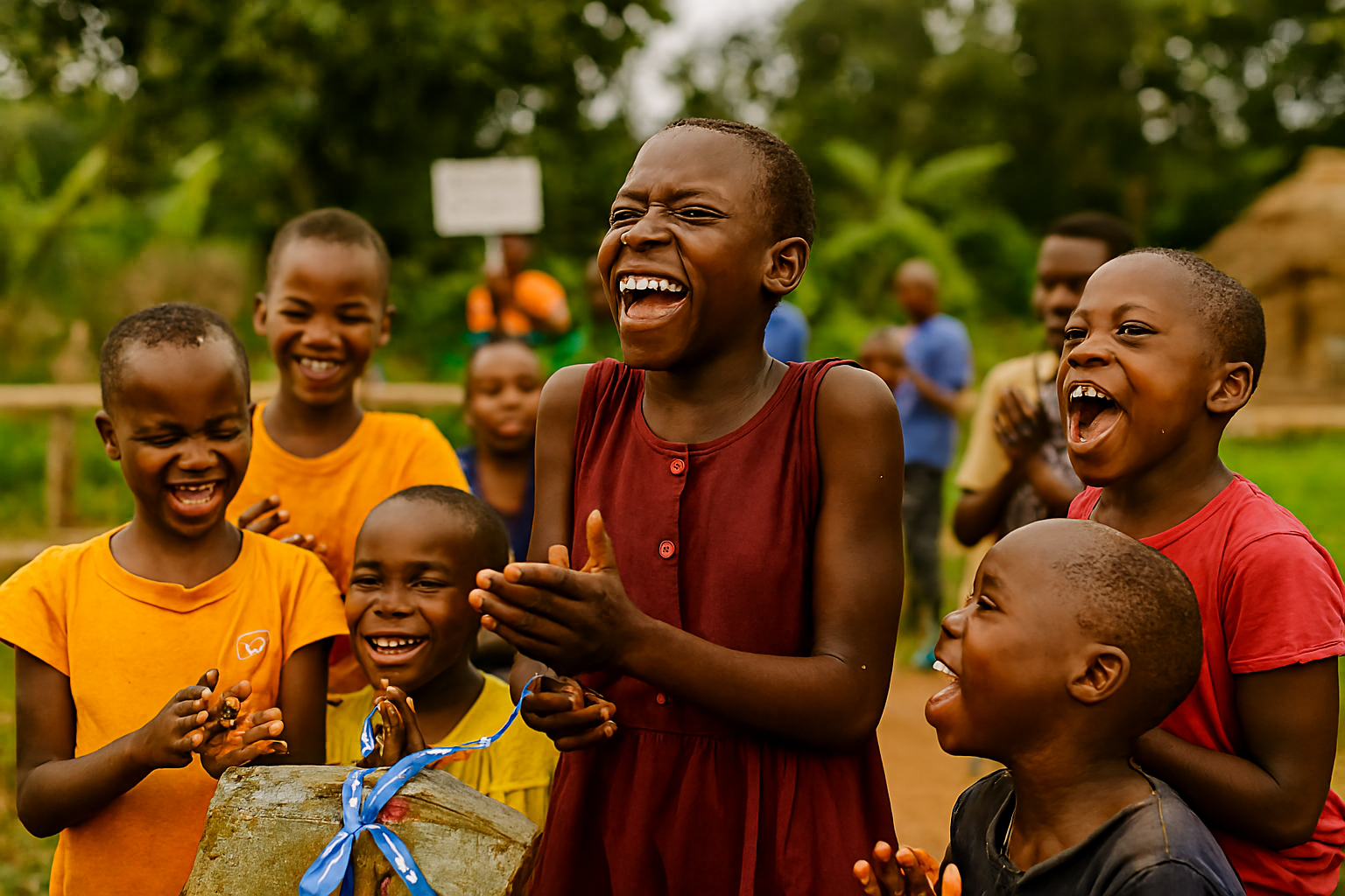 Children cheering at borehole handover in Lira