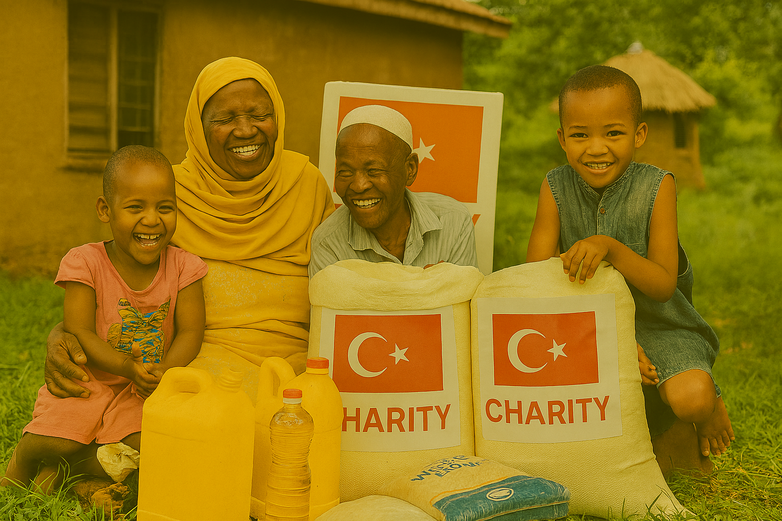 Family receiving food package with joy