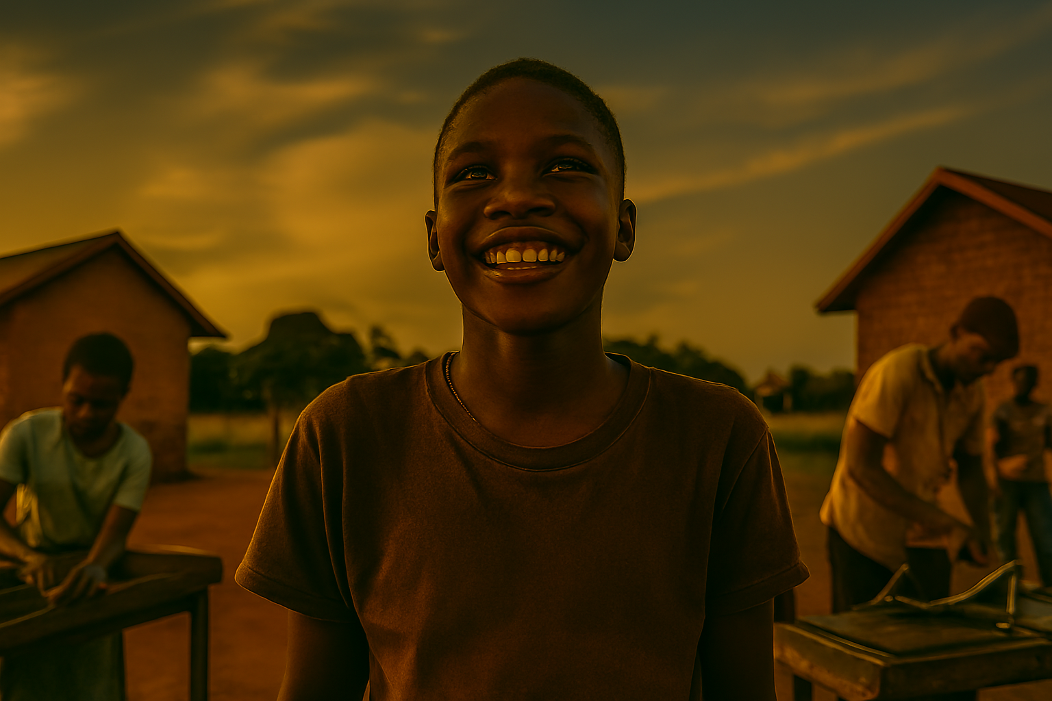 Smiling African boy at vocational training hub with community transformation in background