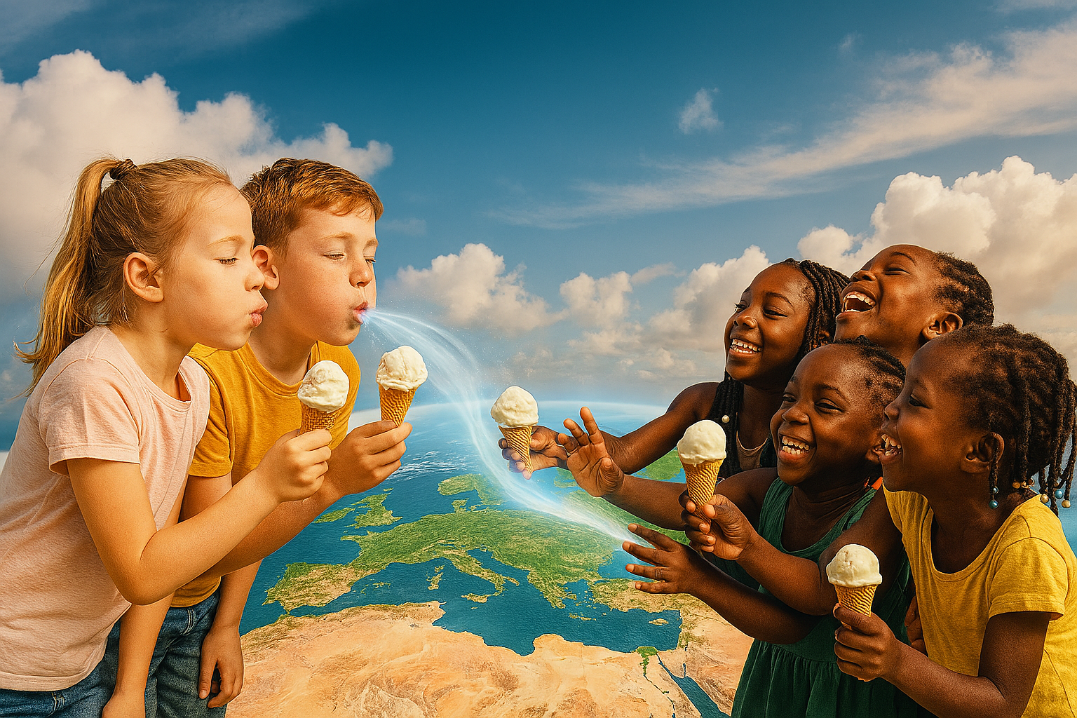 Children enjoying ice cream together in a joyful outdoor setting