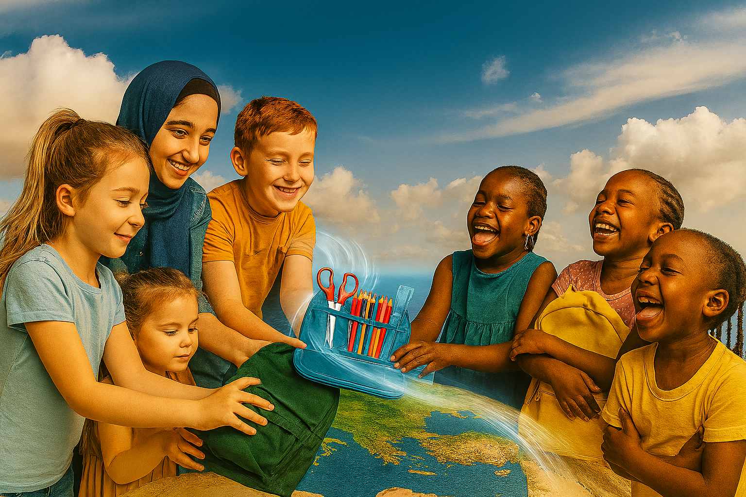 Child receiving school bag and stationery with pride