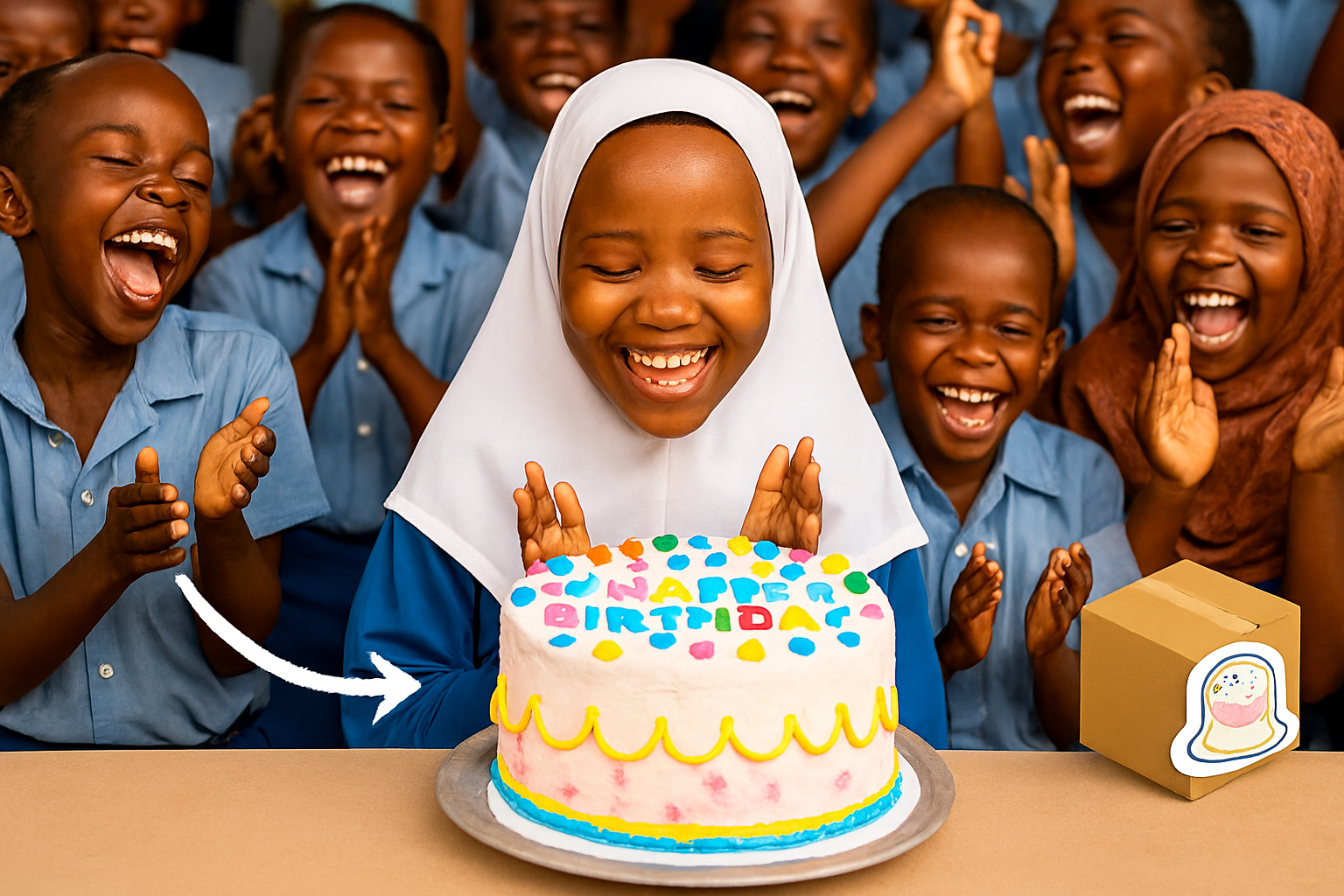 Children cheering around birthday cake