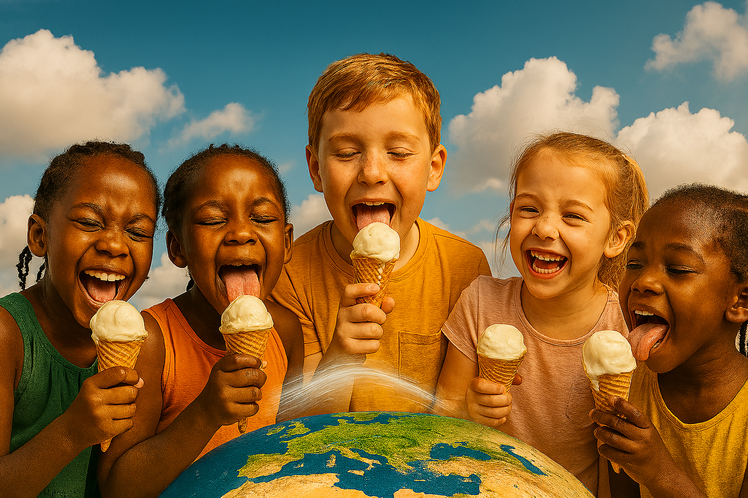 Children laughing and licking ice cream cones