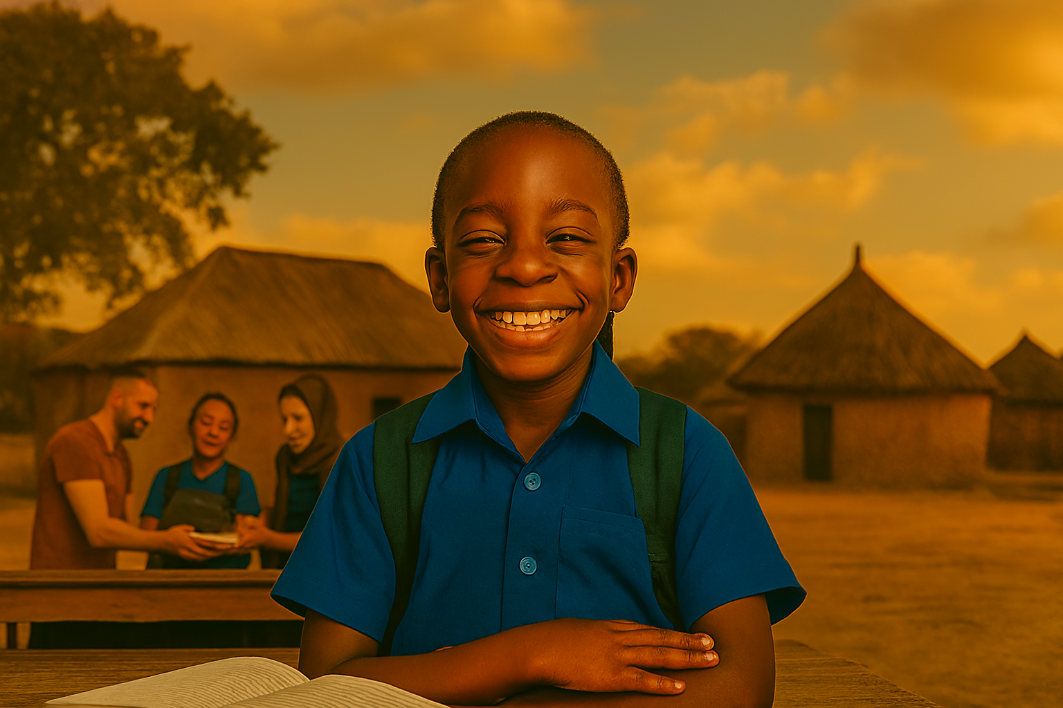 Orphan child smiling proudly in school uniform