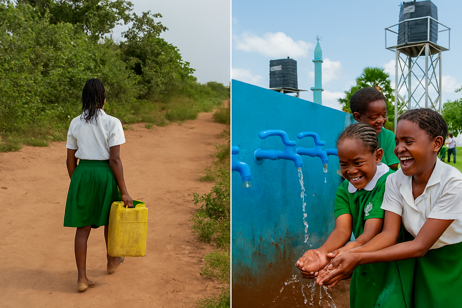 Children and worshippers using taps at school and masjid