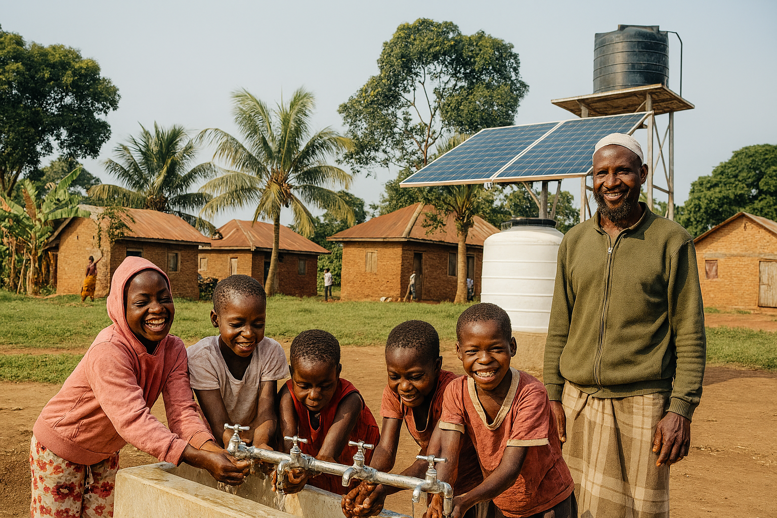 Villagers using solar-powered tap stand in village center